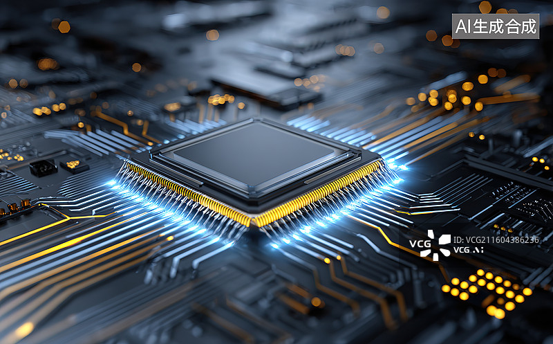【AI数字艺术】发光芯片电路板特写图片素材