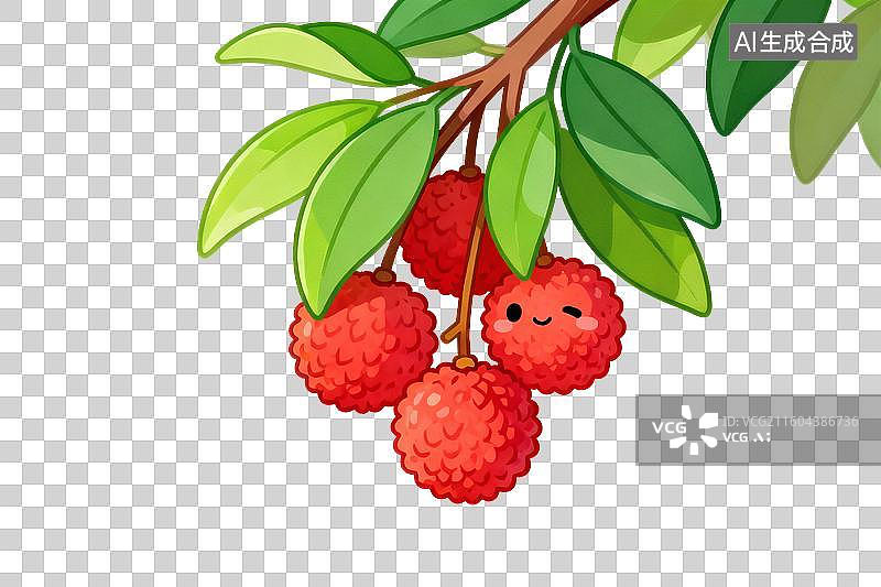 【AI数字艺术】卡通风格，树枝上新鲜的荔枝PNG格式的免扣元素图片素材