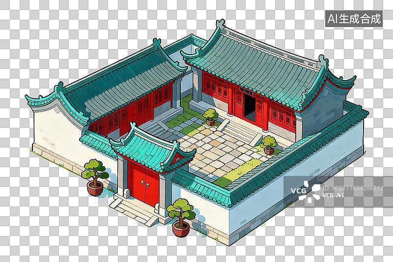 【AI数字艺术】卡通风格，中式传统建筑，一座四合院PNG格式的免扣元素图片素材