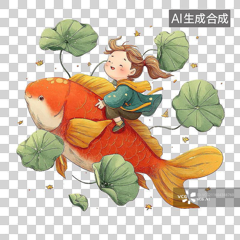 【AI数字艺术】小女孩骑着锦鲤游动图片素材
