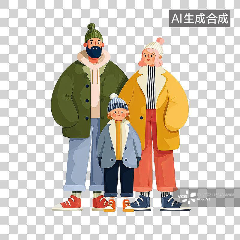【AI数字艺术】一家三口冬季穿搭插画图片素材