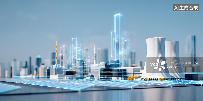 【AI数字艺术】核电站火电厂全息投影科技风插画——可控核聚变概念图片素材