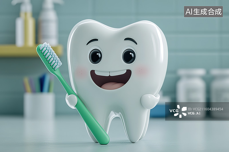 【AI数字艺术】3D可爱的牙齿模型拿着牙刷——口腔护理概念图片素材
