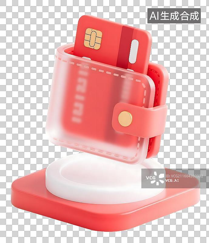 【AI数字艺术】AIGC：3D红色磨砂玻璃质感钱包银行卡图标，金融理财，银行业财富，网上支付，设计元素，免抠图形图片素材