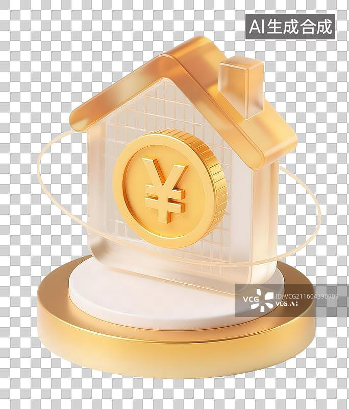 【AI数字艺术】AIGC：3D金色立体房屋金币图标，金融理财投资，房地产银行业贷款公积金，设计元素，免抠图形图片素材