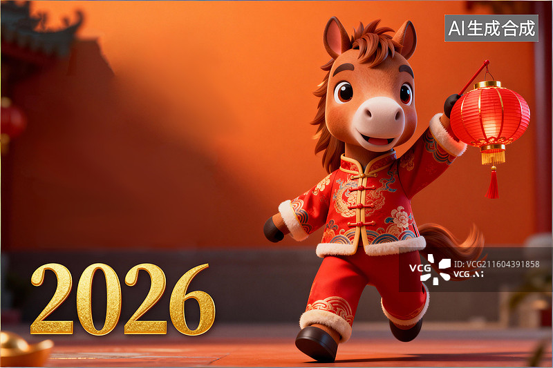 【AI数字艺术】手拿红灯笼奔跑的小马图片素材