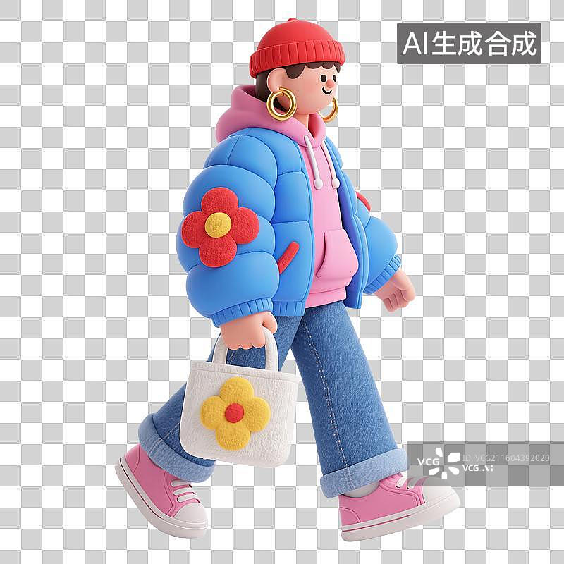 【AI数字艺术】卡通人物穿蓝色羽绒服行走图片素材