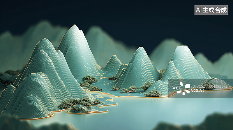 【AI数字艺术】青色山峦与湖水景观图片素材