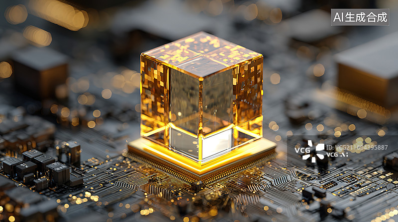 【AI数字艺术】金色立方体芯片电路板图片素材