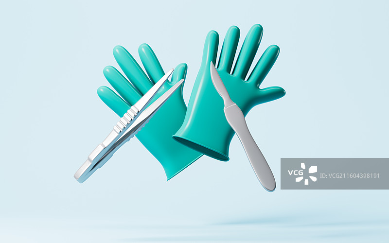 手术刀和止血钳等手术器械3D渲染图片素材