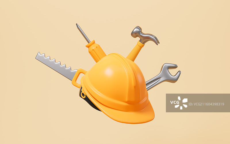 卡通安全帽和修理工具组合3D渲染图片素材