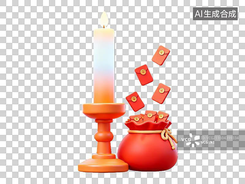 【AI数字艺术】3d红色春节3d蜡烛福袋元素图片素材