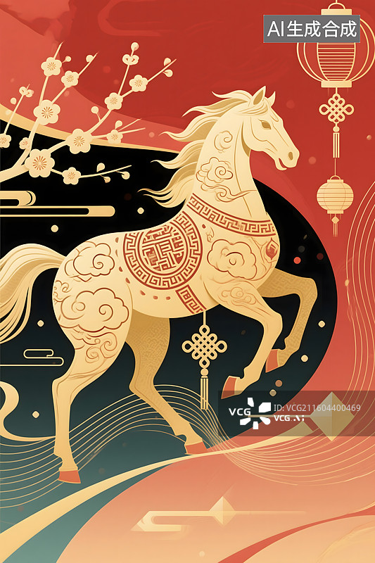 【AI数字艺术】春节贺岁插画：金色骏马与祥云红灯笼的喜庆组合图片素材