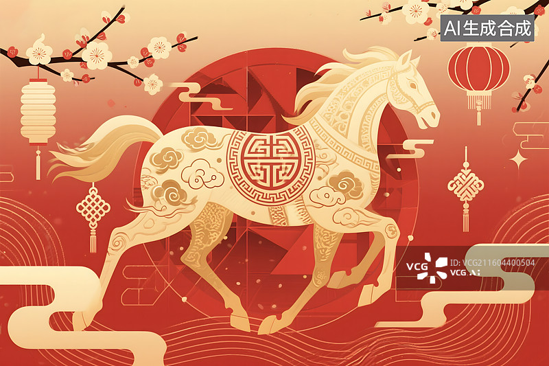 【AI数字艺术】春节贺岁插画：金色骏马与祥云红灯笼的喜庆组合图片素材