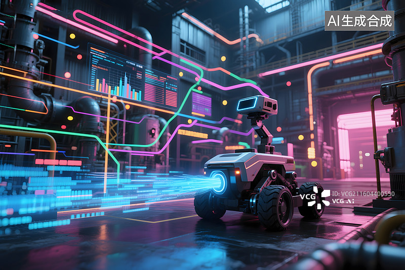 【AI数字艺术】智能未来工厂，AI驱动工业机器人，赛博朋克美学下的未来工业图片素材