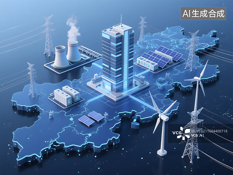 【AI数字艺术】储能，核电，核聚变，电力传输，蓝色背景图片素材