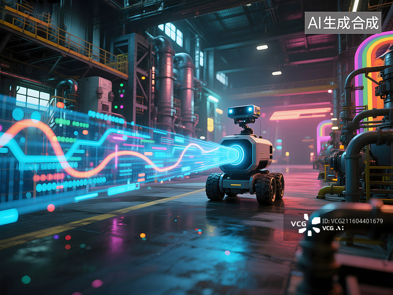 【AI数字艺术】智能未来工厂，AI驱动工业机器人，赛博朋克美学下的未来工业图片素材