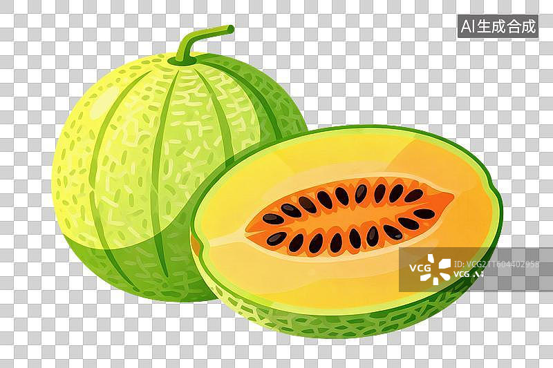 【AI数字艺术】卡通风格，对半切开的哈密瓜PNG格式的免扣元素图片素材