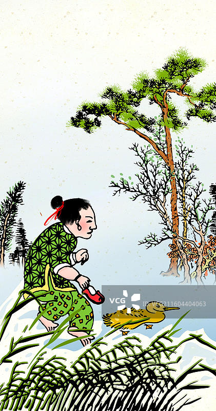 秋天 寒鸭 芦苇 传统文化中国风复古木版水印年画儿童题材教育行业插画图片素材