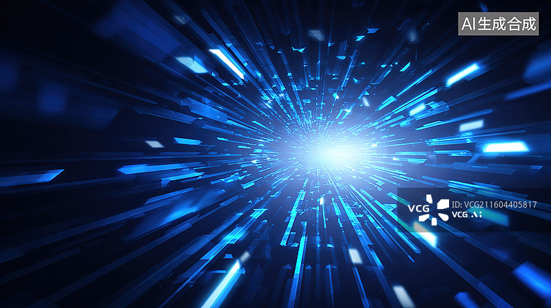 【AI数字艺术】蓝色光束汇聚的抽象空间图片素材