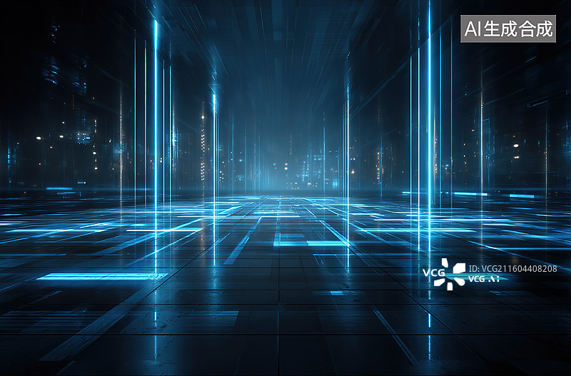 【AI数字艺术】蓝色光束科技走廊图片素材