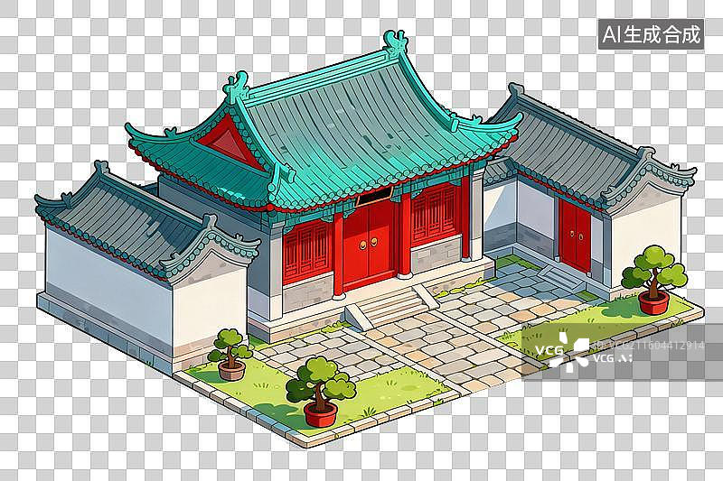 【AI数字艺术】卡通风格，一座古代民居PNG格式的免扣元素图片素材