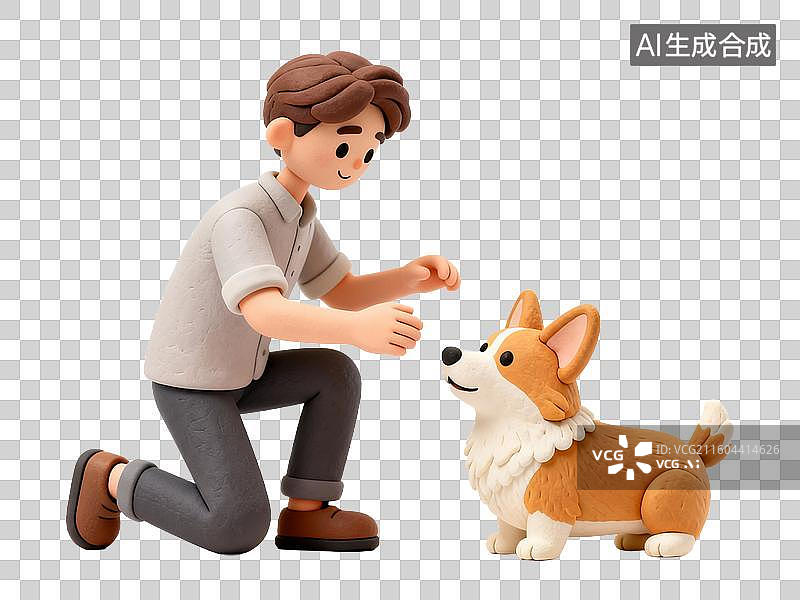 【AI数字艺术】男子与柯基犬互动场景图片素材