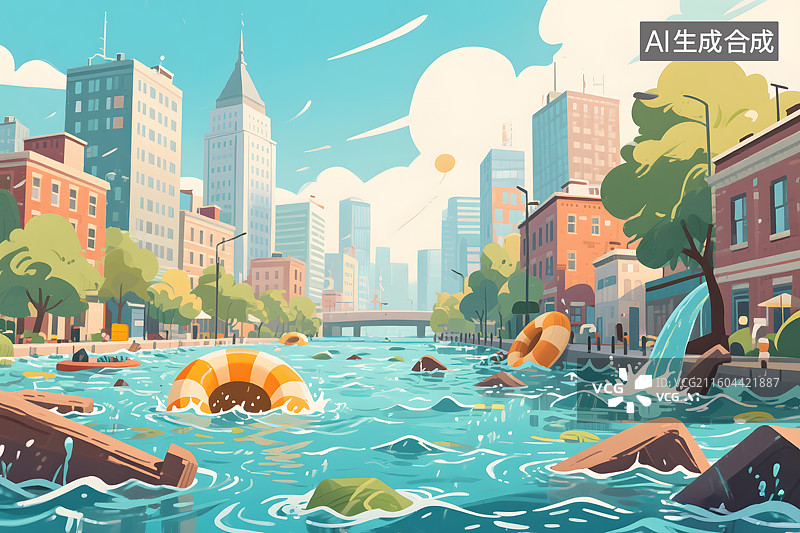 【AI数字艺术】城市内涝卡通插画图片素材