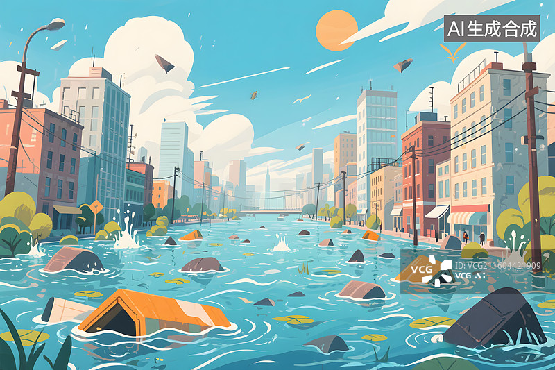 【AI数字艺术】城市内涝卡通插画图片素材