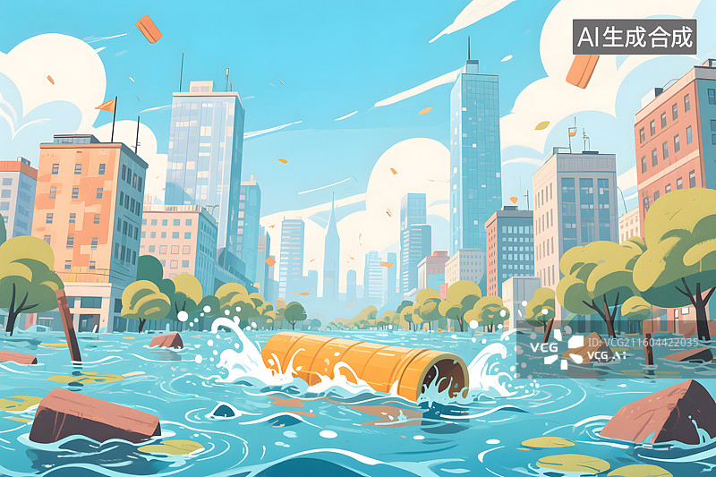 【AI数字艺术】城市内涝卡通插画图片素材