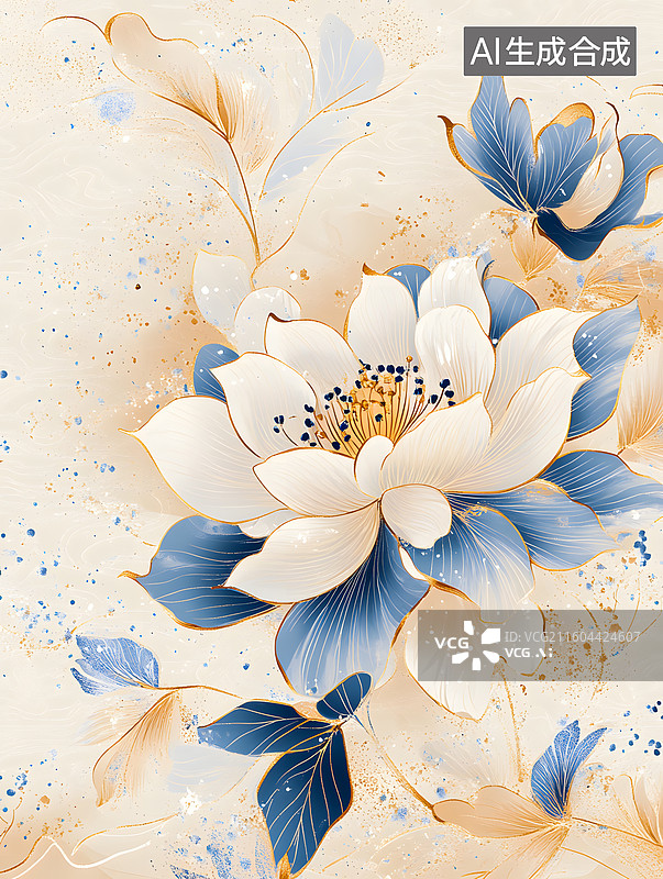 【AI数字艺术】蓝金花卉装饰画新中式牡丹插画图片素材