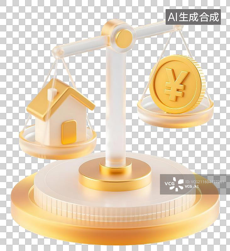【AI数字艺术】AIGC：3D金色公平秤的两边分别是房屋和金币，公积金，房地产，房贷，金融理财，设计元素，免抠图形图片素材