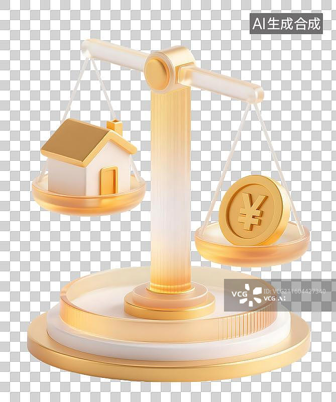 【AI数字艺术】AIGC：3D金色公平秤的两边分别是房屋和金币，公积金，房地产，房贷，金融理财，设计元素，免抠图形图片素材