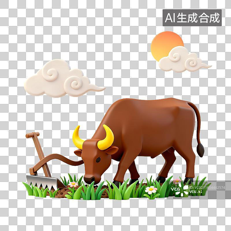 【AI数字艺术】田野里耕地的棕色公牛图片素材