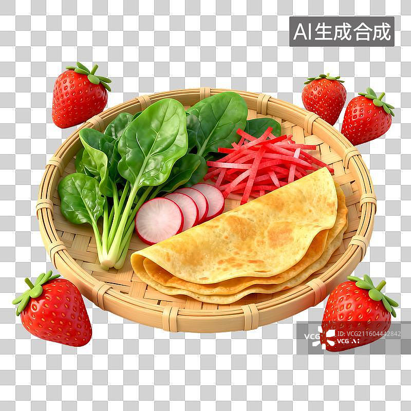 【AI数字艺术】竹篮中的菠菜萝卜煎饼与草莓图片素材