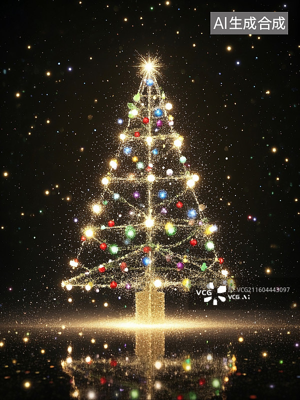 【AI数字艺术】圣诞树,红金配色,圣诞装饰（金色星星,彩灯,红金圣诞球）,3D渲染,红色背景,金色光点,圣诞氛围图片素材