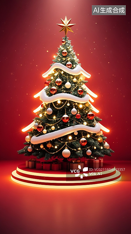 【AI数字艺术】圣诞树,红金配色,圣诞装饰（金色星星,彩灯,红金圣诞球）,3D渲染,红色背景,金色光点,圣诞氛围图片素材