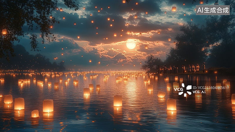 【AI数字艺术】中国传统节日中元节祈福放河灯水灯图片素材