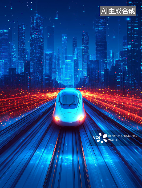 【AI数字艺术】未来科技感高铁列车穿梭城市建筑背景图片素材