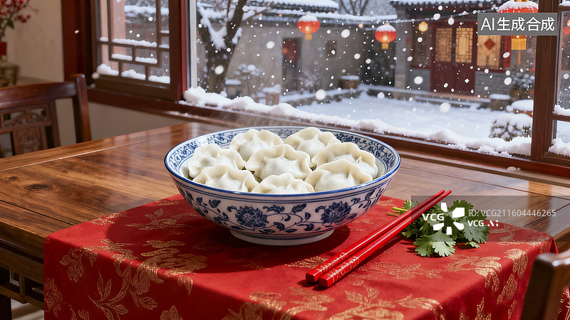 【AI数字艺术】冬日中式室内的饺子美食场景图片素材