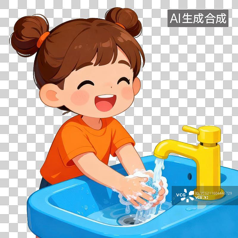 【AI数字艺术】小女孩洗手的卡通插画图片素材