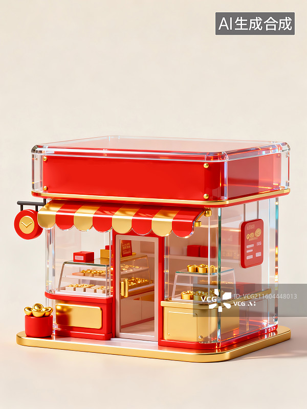 【AI数字艺术】卡通中式小店,3D渲染,红金配色,透明亚克力材质,Q版女孩店员,金色元宝/钱币元素,红灯笼,金币状图片素材