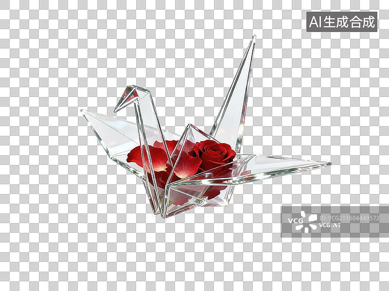 【AI数字艺术】千纸鹤和红色玫瑰花瓣图片素材