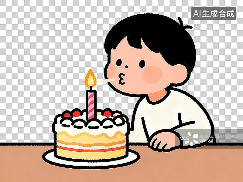 【AI数字艺术】吹生日蜡烛的小男孩插画图片素材