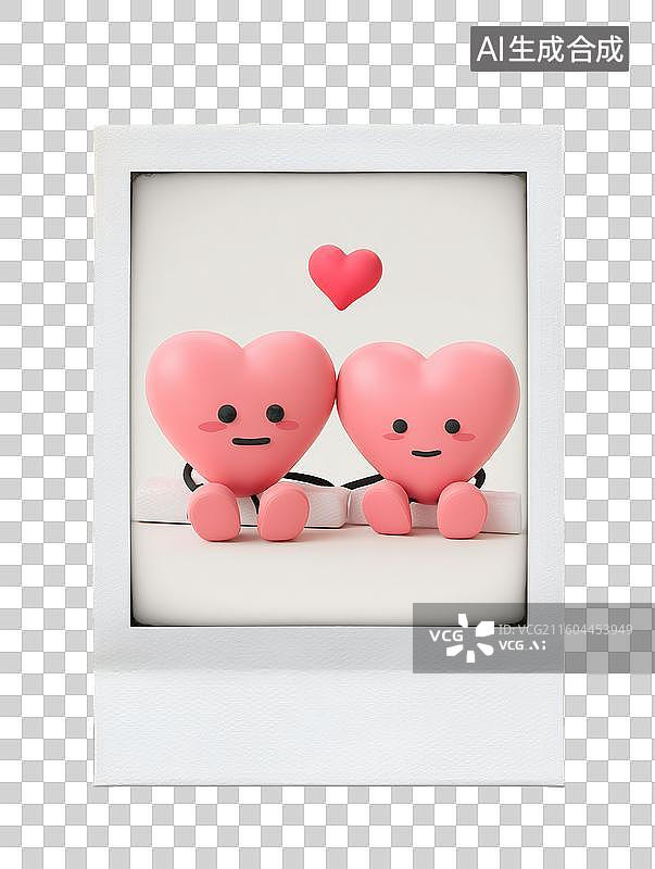 【AI数字艺术】3D膨胀风黏土风格可爱拟人爱心情侣拍立得相框情人节装饰免抠元素透明底PNG图片素材
