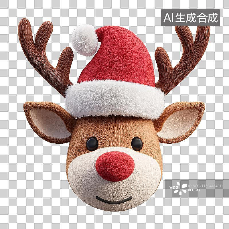 【AI数字艺术】3D毛绒风格可爱卡通麋鹿鲁道夫圣诞帽头像圣诞节装饰免抠元素透明底PNG图片素材