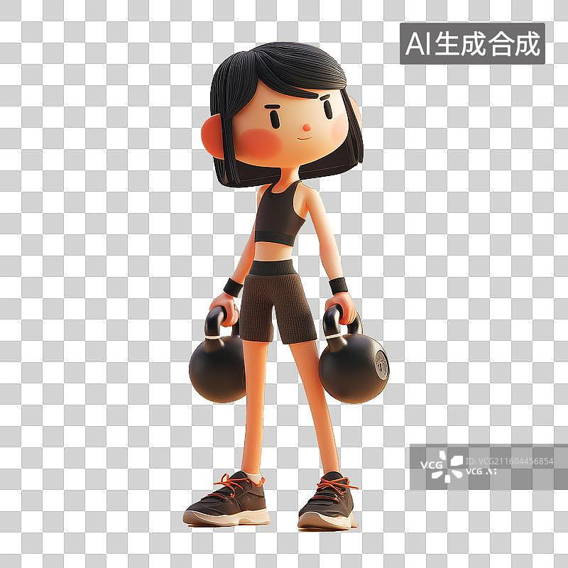 【AI数字艺术】3D卡通风格可爱健身女孩手拿壶铃杠铃力量训练免抠元素透明底PNG图片素材