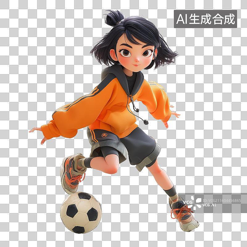 【AI数字艺术】3D卡通风格可爱足球女孩橙色卫衣运动健身免抠元素透明底PNG图片素材
