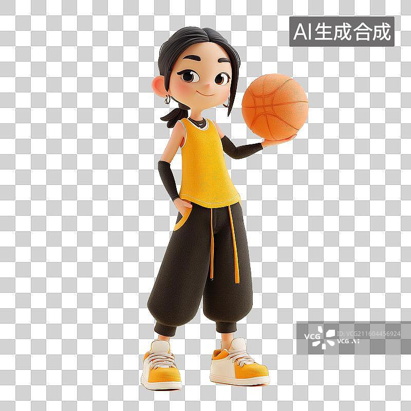 【AI数字艺术】3D卡通风格时尚篮球女孩街头潮流运动风穿搭免抠元素透明底PNG图片素材