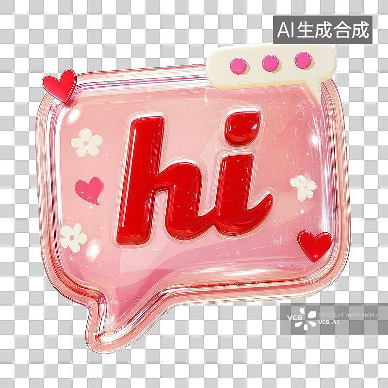 【AI数字艺术】3D果冻风格酸性风粉色对话框Hi打招呼爱心花朵免抠元素透明底PNG图片素材